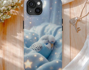 Funda para teléfono con periquito azul durmiendo, funda para iPhone con periquito estrellado de ensueño, regalo kawaii para amantes de las aves para iPhone y Samsung.