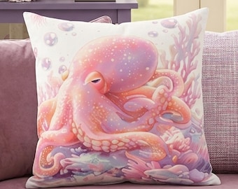 Almohada de pulpo durmiendo | Cojín oceánico en tonos pastel de ensueño | Decoración para el hogar con temática marina kawaii | Regalo para amantes del océano