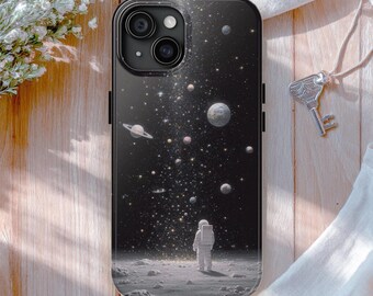 Funda para móvil "Viaje Cósmico de Medianoche" con diseño de astronauta, arte de la superficie lunar y planetas, cubierta con galaxia fantástica, regalo espacial de ciencia ficción para él.