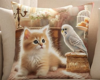 Gatito y periquito | Cojín cuadrado con pajarito y gatito - Cojín decorativo con un toque animal - Regalo ideal para amantes de las mascotas - Decoración acogedora para el hogar