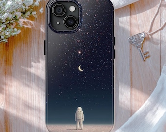 Funda para teléfono con diseño de astronauta y luna creciente de medianoche, arte espacial de ensueño, cubierta de galaxia fantástica, regalo celestial cósmico para él/ella.