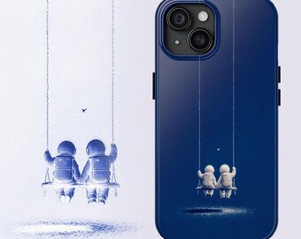 Funda para teléfono con diseño de astronautas en columpio azul estrellado | Arte espacial para parejas de mejores amigos | Regalo de amistad kawaii | Funda galáctica