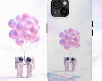 Funda para teléfono con diseño de pareja de astronautas y globos rosas | Arte espacial flotante romántico n.° 2 | Regalo de aniversario para novio/novia