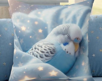 Almohada de periquito azul claro durmiendo | Cojín de periquito de ensueño | Regalo para amantes de los pájaros | Decoración kawaii para el hogar