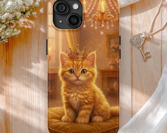 Funda para teléfono Kawaii con gatito corona dorada, funda de gato real de la suerte, lindo regalo de gato naranja de fantasía para iPhone y Samsung.