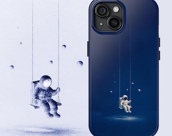 Funda para teléfono con astronauta azul estrellado observando las estrellas | #3 Arte espacial de confort suave | Regalo espacial kawaii | Cubierta de galaxia