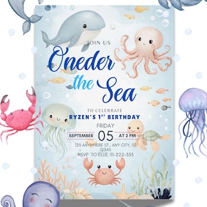 Invito "Sotto il mare", modello Canva modificabile, animali marini acquerellati, invito di compleanno per bambini con tema oceano nautico, download digitale, Oneder