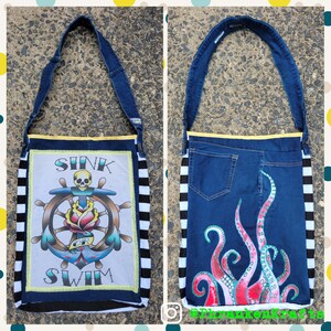 SINK OR SWIM Tattoo Flash Tie-Dye Tentacle Octopus Handmade Denim Tank Tote Bag