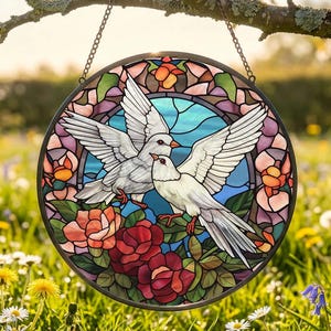 May include: Round stained glass window featuring two white doves with outstretched wings, surrounded by colorful flowers. The window is suspended by a chain and hangs from a tree branch, set against a blurred background of a sunny meadow.