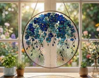 Acchiappasole in vetro colorato, decorazione floreale blu da appendere alla finestra, decorazione floreale a cascata, decorazione botanica per la casa, regalo per amanti del giardino, arte per finestre