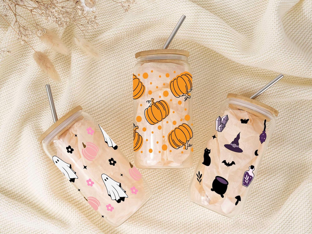 Halloween glass iced coffee cup 17oz with bamboo lid and glass straw ...