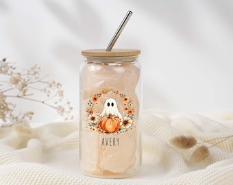 Personalized Halloween Tumbler For Women, Custom Ghost Pumpkin Glass Cup With Name, Spooky Fall Drinkware Gift For Halloween Party