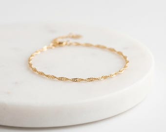 Singapore Chain Bracelet, Gold Plated Twist Chain, Rose Gold Dainty Bracelet, Thin Simple Twisted Bracelet, 925 Sterling Silver Rope Chain