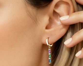 Baguette Birthstone Earrings: Silver Birthstone Earrings, Birthstone Hoop Earrings, Multiple Birthstone Earrings, Family Birthstone Earrings