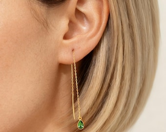 Birthstone Threader Earrings, Silver Birth Stone Earrings, Gemstone Threader Earrings, Drop Birthstone Earrings, Drop Threader Earrings