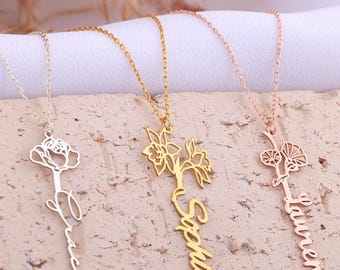 Custom Birth Flower Name Necklace: Sterling Silver Personalized Jewelry
