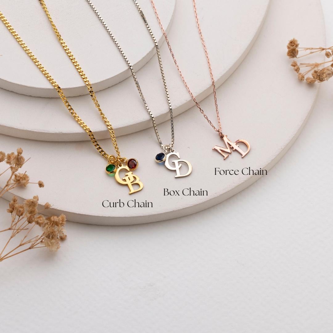 Left Side Intital R Interlocking Initals Personalized Double Initial Necklace With Birthstone, Silver Two Letter ...