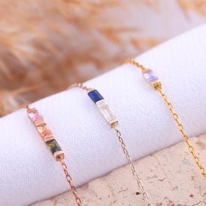 Baguette Bracelet Adjustable, Gold Birthstone Bracelet, Crystal Bracelet, Family Birthstone Gemstone Bracelet, 14 K Baguette Bracelet Silver