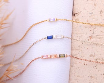 Baguette Bracelet Adjustable, Gold Birthstone Bracelet, Crystal Bracelet, Family Birthstone Gemstone Bracelet, 14 K Baguette Bracelet Silver
