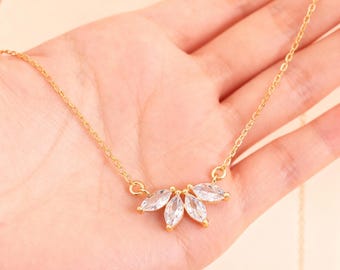 Marquise Flower Necklace: Silver Marquise Necklace, Marquise Wedding Jewelry, Marquise Diamond Necklace, Flower Petal Diamond Necklace