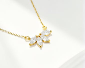 Marquise Flower Necklace: Silver Marquise Necklace, Marquise Wedding Jewelry, Marquise Diamond Necklace, Flower Petal Diamond Necklace