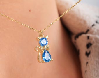 Cat Birthstone Necklace: Custom Cat Necklace, Birthday Gift, Cat Lover Necklace, January Cat Necklace, Gold Mystic Topaz Kitten Necklace