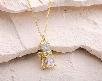 Birthstone Cat Necklace: Sterling Silver Kitten Pendant, Handmade Jewelry