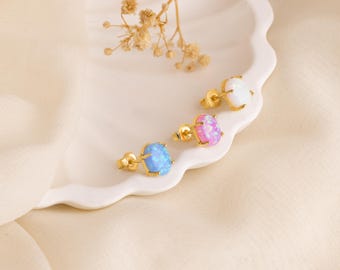Dainty opal stud earrings : White opal studs - Tiny opal studs - Small opal earrings - Minimalist earrings - 14k Gold opal stud earring