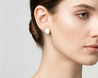 Dainty opal stud earrings : White opal studs - Tiny opal studs - Small opal earrings - Minimalist earrings - 14k Gold opal stud earring