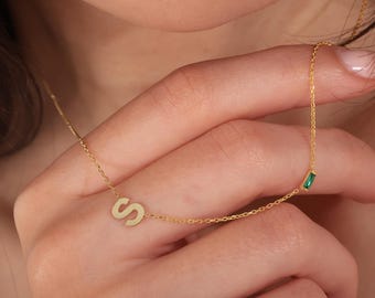 Personalized Sterling Silver Initial Necklace: Baguette Birthstone, Dainty Sideways Charm