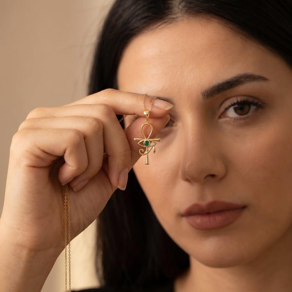 Eye of Ra Necklace with Birthstone, Sterling Silver Ankh Cross Pendant, Egyptian Protection Jewelry, Spiritual Gift for Women