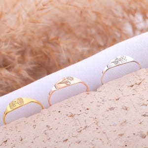 Engraved Birth Flower Ring: Sterling Silver Personalized Signet