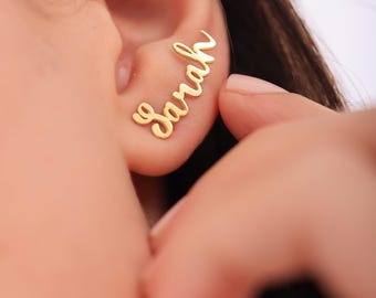 Personalized Name Stud Earrings Silver Custom Name Earrings Word Stud Earrings Name Ear Climber Earrings 14k Gold Minimalist Name Earrings