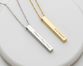 Benutzerdefinierte 3D Vertikale Bar Halskette, 4-seitiger Sterling Silber Anhänger mit Kette, Gravur Name Bar Charme, Säule Bar Halskette