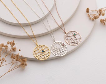 Silver Map Necklace With Birthstone, Where We Met Necklace, Coordinate Necklace, First Kiss Necklace, Location Necklace, Custom Map Necklace