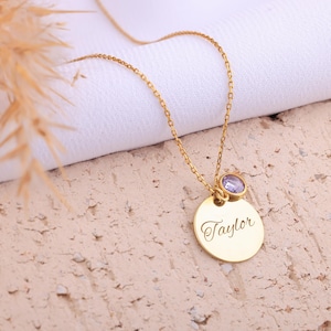 Colar de disco personalizado com pedra de nascimento, colar com nome de disco em ouro 14K, delicado, colar com nome para mãe, colar com pedra de nascimento personalizada com nome de disco