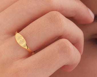 Engraved Birth Flower Ring: Sterling Silver, Gold, or Rose Gold
