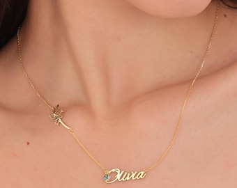 Personalized Birth Flower Name Necklace: Sterling Silver, Custom Birthstone