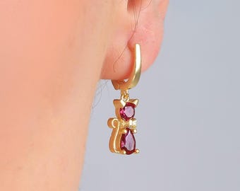 Cat Birthstone Earrings Drop Personalized Birthstone Dangle Cat Earring Silver Birthstone Cat Earrings Drop Gold June Birthstone Earrings