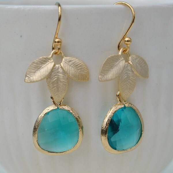 Blue Bridesmaid Earrings Sea Blue and Leaves gold - perfect for any ocassion, bridesmaid gifts, bridal jewelry
