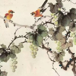 May include: A traditional Chinese ink and wash painting depicting two birds perched on a grapevine with clusters of white grapes. The birds are painted in shades of orange and red, while the vine is rendered in black ink with delicate brushstrokes.