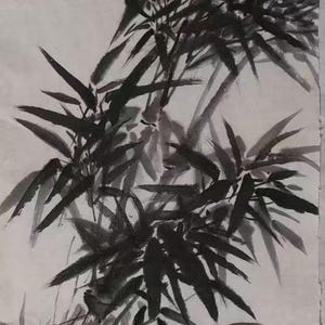 May include: Black and white ink painting of bamboo stalks and leaves on a white background. The painting is signed in Chinese characters in the lower right corner.
