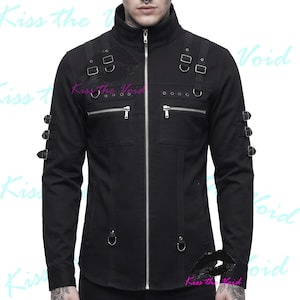 Giacca gotica da uomo / Camicia industriale con collo alto e zip, imbracatura con anelli a D, maniche con fibbia e tasche con zip / Giacca con rivetti e anelli a D EBM