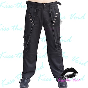 Men Gothic Black Cargo Trouser - Metallic Black Heavy Duty Thick Chains Pant - Punk Rock Studded Cargo Pant - 2 in 1 Convertible Cargo Short