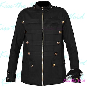 Men Gothic Black Military Jacket - Golden Button Zipper Punk Jacket  - Alternative Victorian Era Goth Drummer Straps Jacket For Men&#39;s