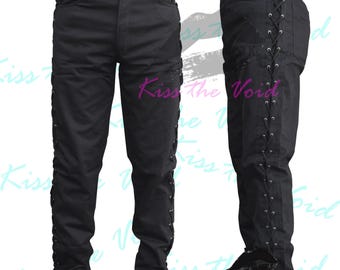 Men Gothic Black Disco Pant - Side Lace Up Slim Fit Cotton Trousers - Rocker Punk Rock Pant - Alternative Men's Clothing