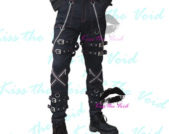 Men Gothic Black Pant - Cross Zipper Buckle Straps Chains Design - Slim Fit Punk Rock Trousers with Red Stitching - Alternative Men Clothing