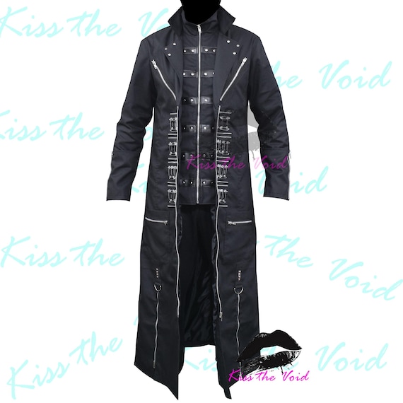 Mens Gothic Long Coat | Heavy Metal Trench Coat | Safety Pins & Zippers Jacket | Pinhead Inspired Goth Coat | Punk Asylum Metal Fashion Coat