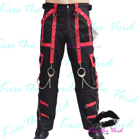 Darkrock Gothic Men's Red Pants With Black Straps - Punk Rock Metal Chain / Trip Pants - Size M