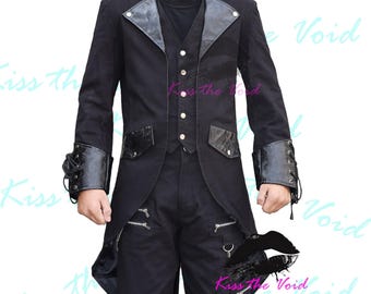 Herren Steampunk Frack: Schwarzer Baumwolle & Kunstleder Viktorianischer Gothic Mantel